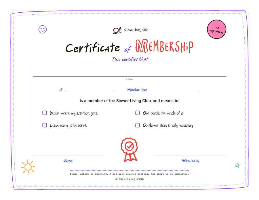 The same certificate drawn in violet, red and cobalt, with a pink sticker in the corner and a red rosette seal