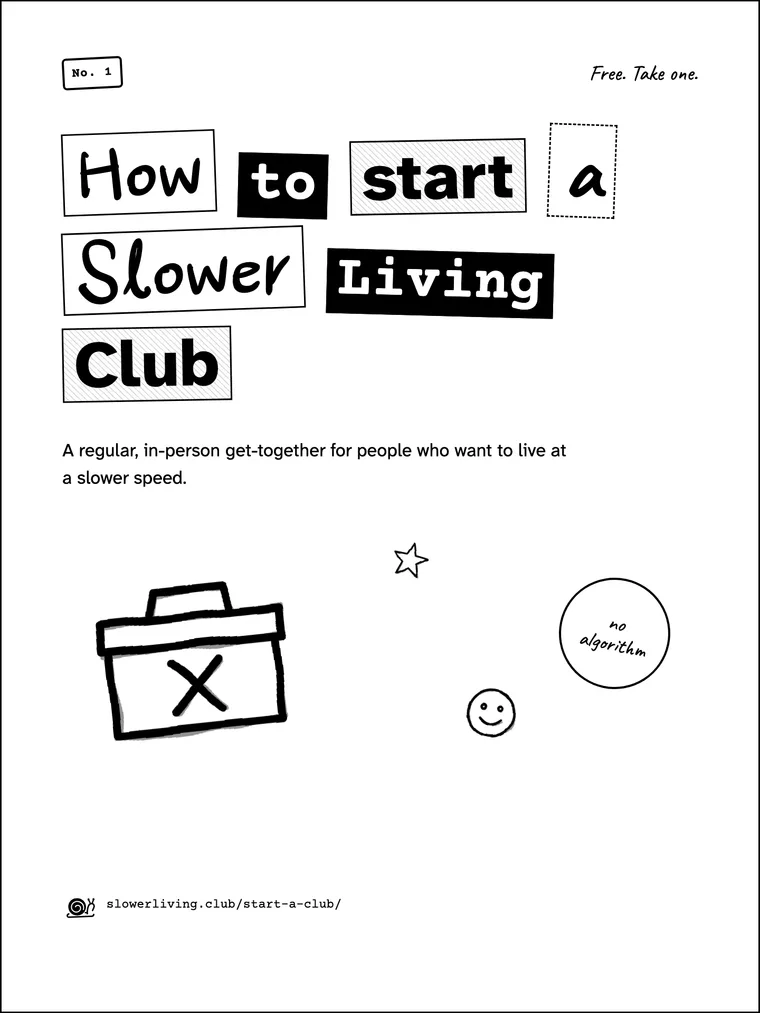 The zine cover: How to start a Slower Living Club in cut-out letters, a shoebox with phones in it, and a no algorithm sticker